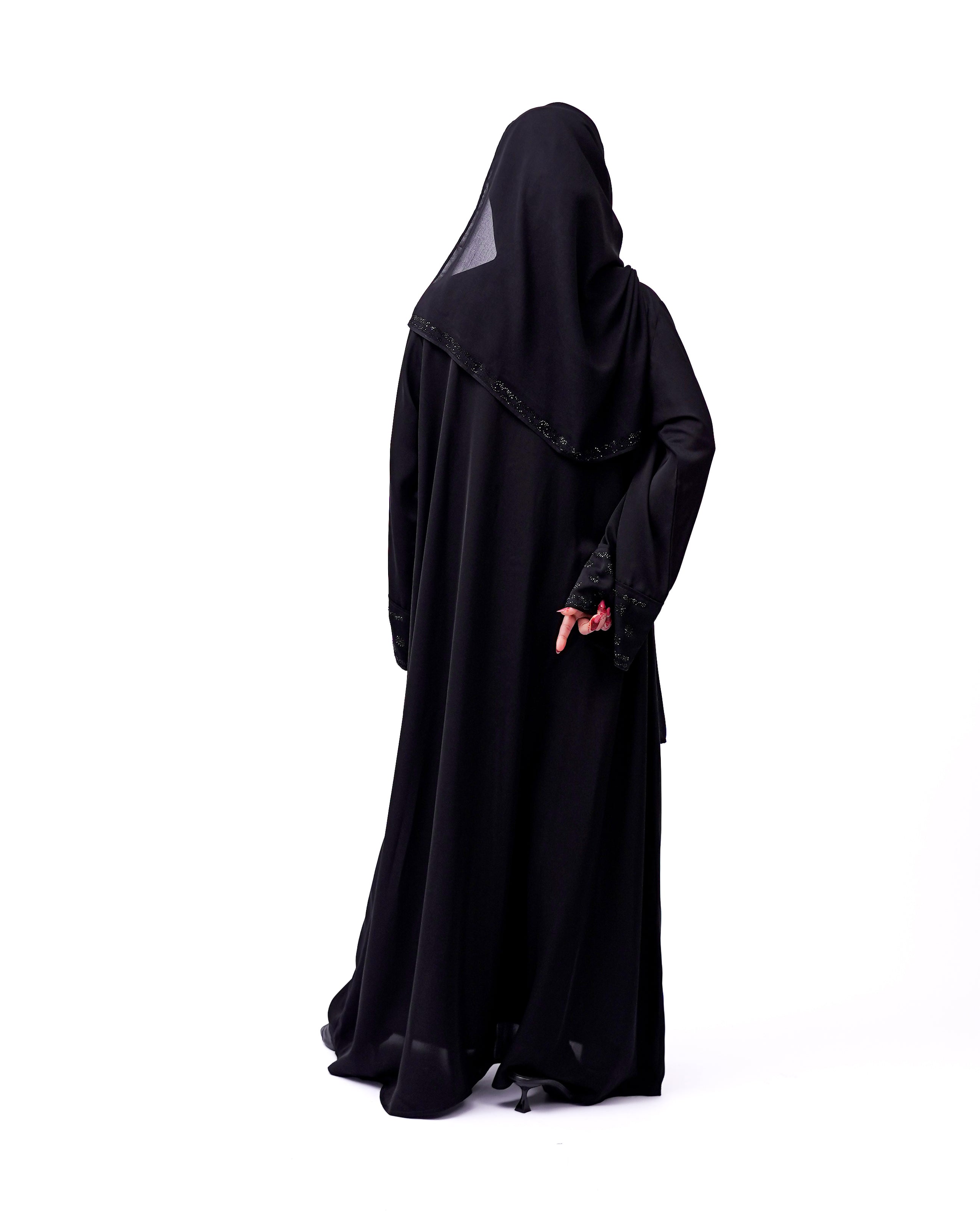 Front open stone abaya 0116-C-457 Black