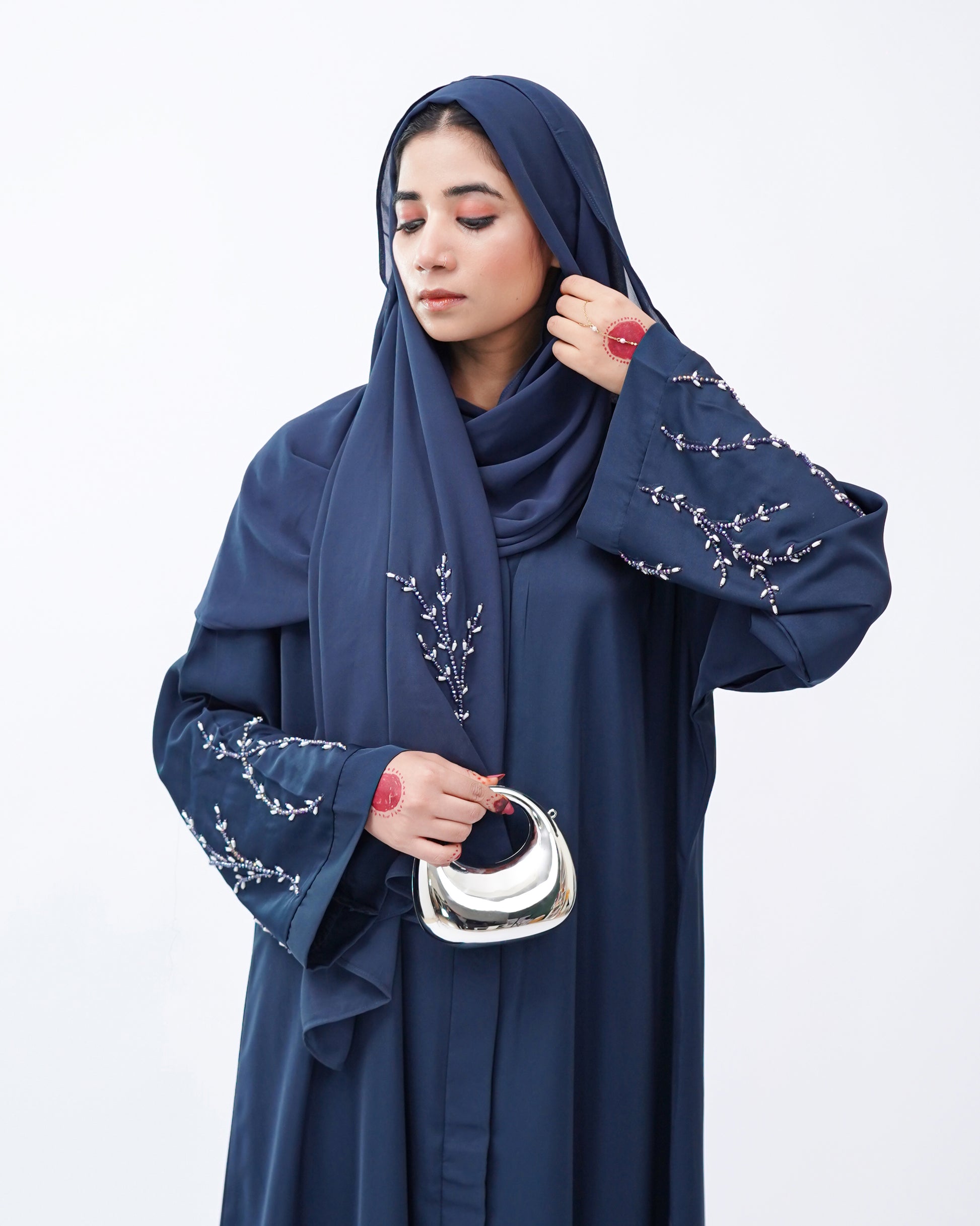 Front Open Hand Work Abaya 0116-J-005 Zinc