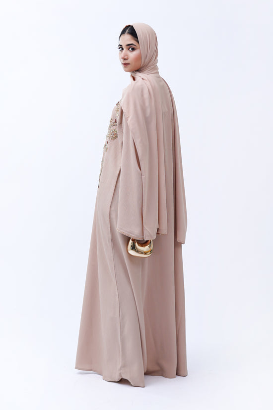 Front Open Hand Work Abaya 0116-J-006 Beige