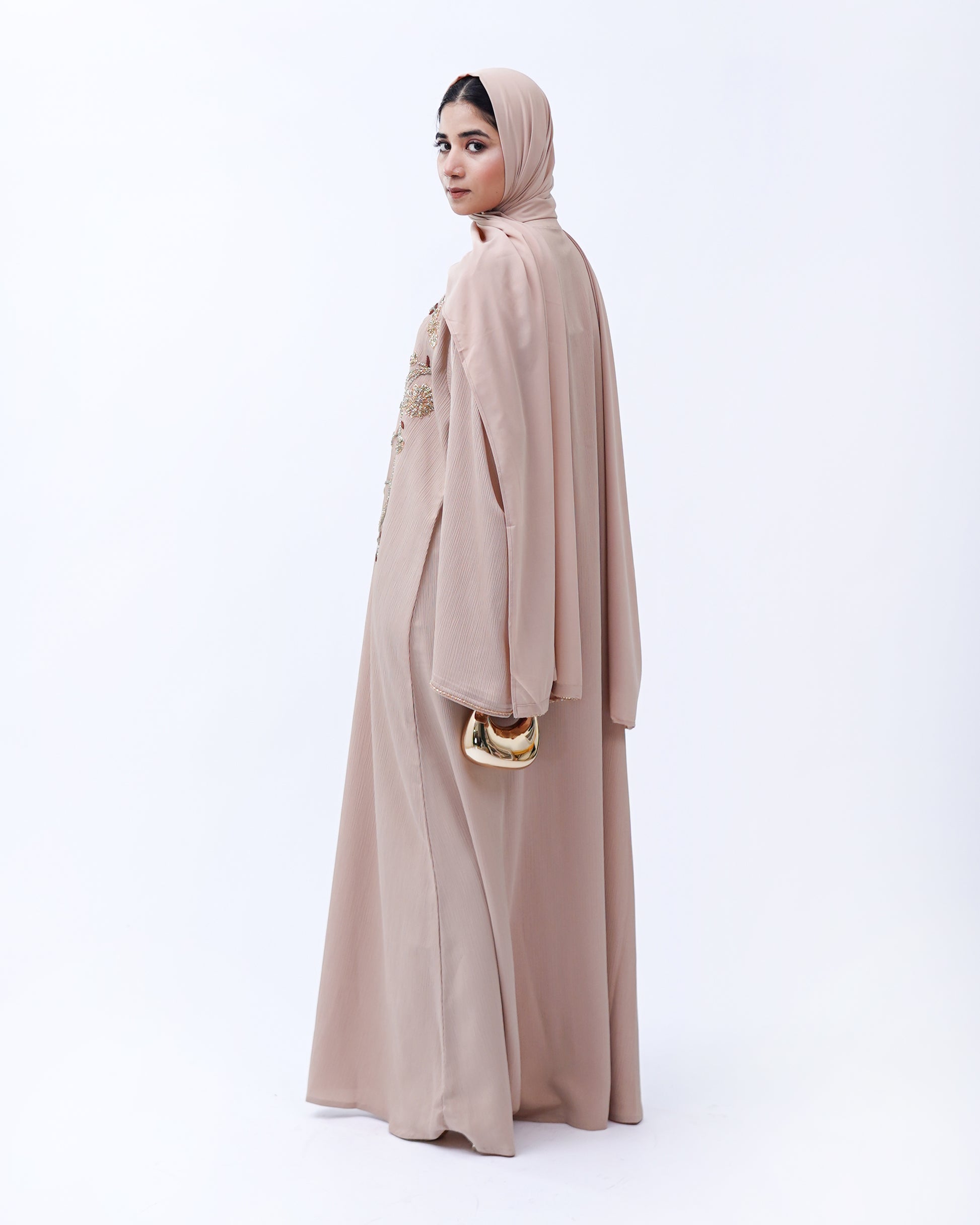 Front Open Hand Work Abaya 0116-J-006 Beige