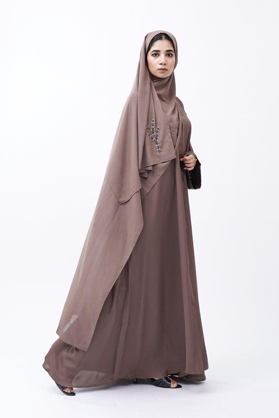 Front Open Hand Work Abaya 0116-J-005 Metallic Brown