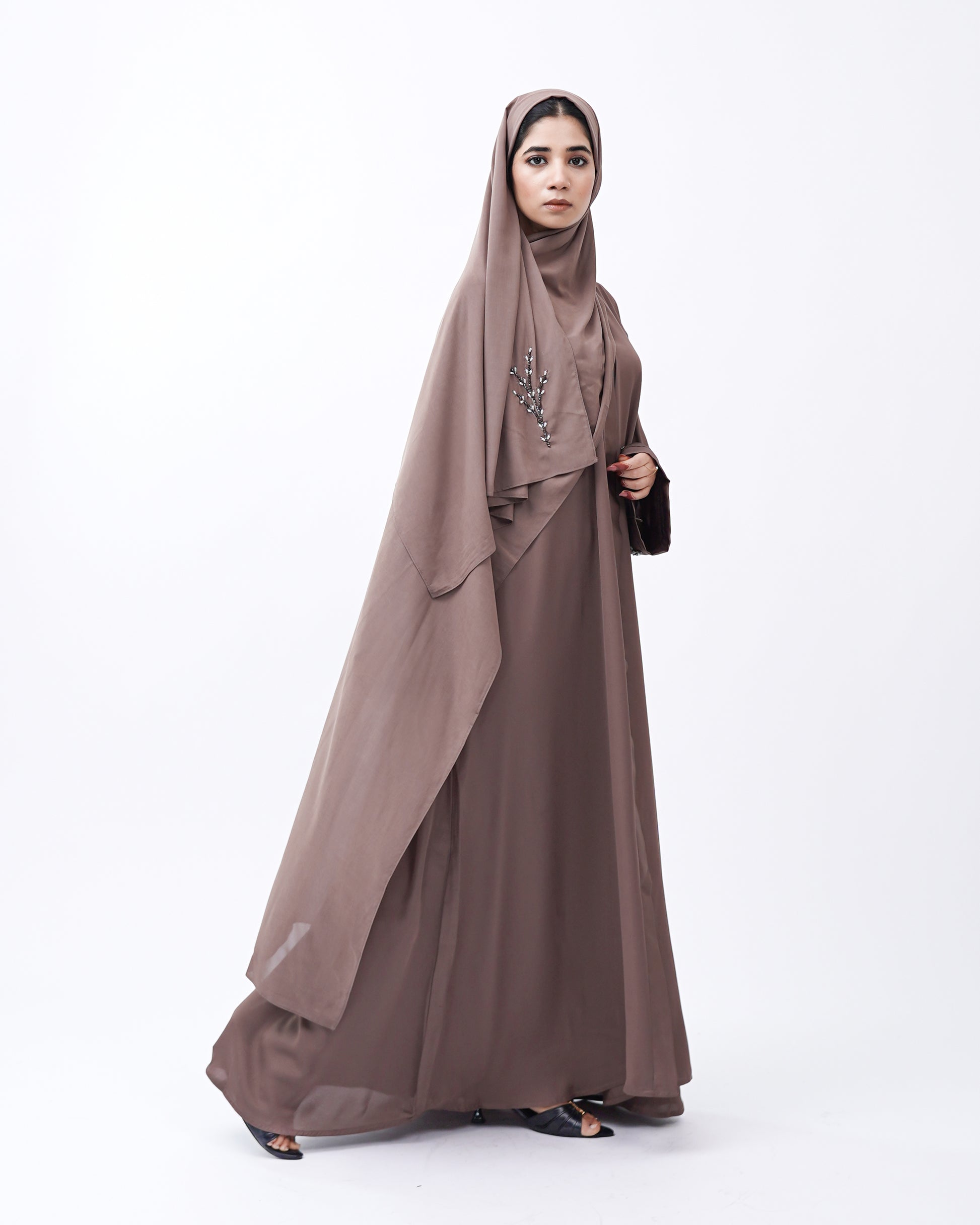 Front Open Hand Work Abaya 0116-J-005 Metallic Brown