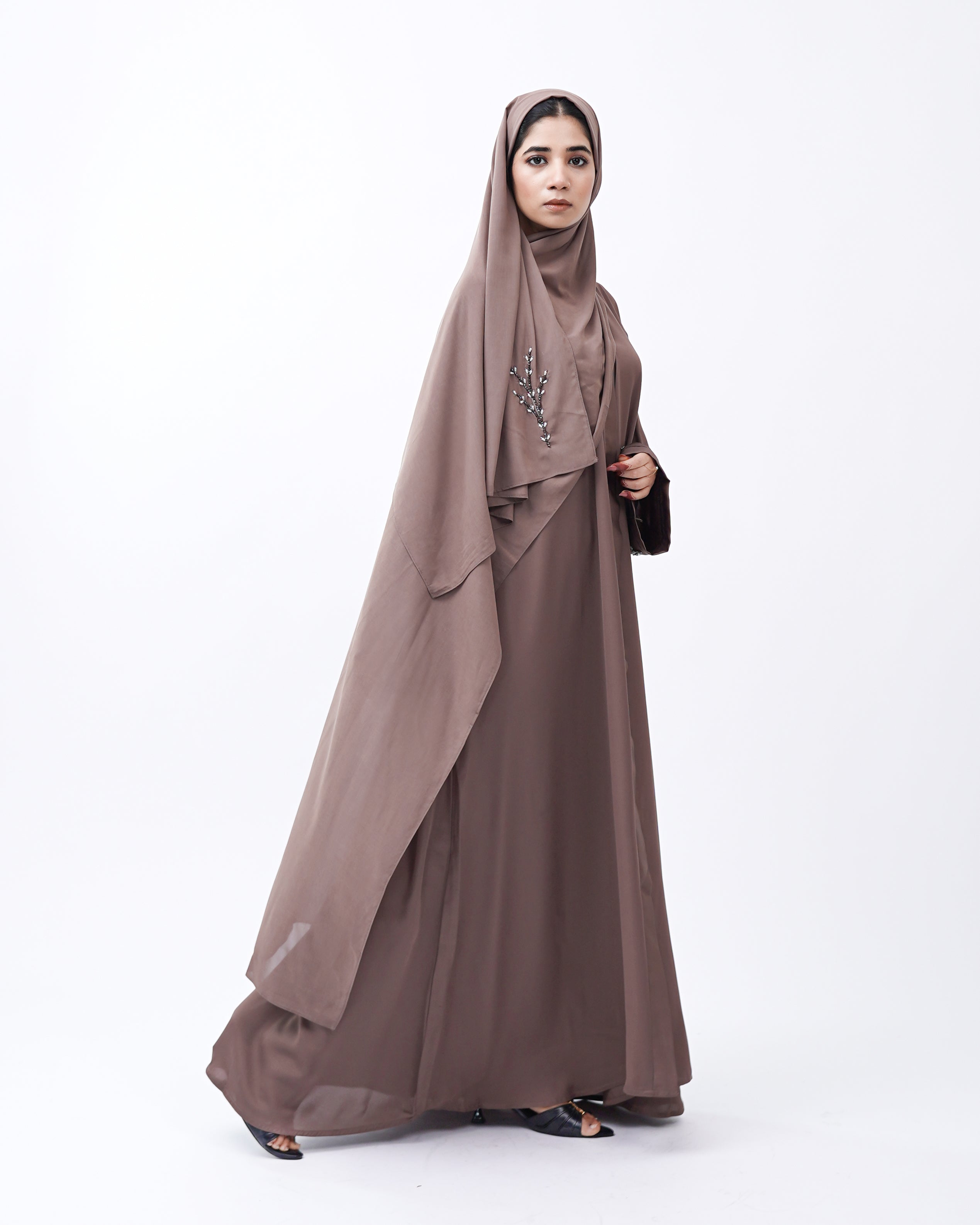 Front Open Hand Work Abaya 0116-J-005 Metallic Brown