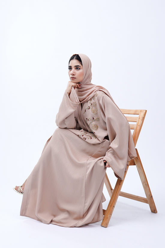 Front Open Hand Work Abaya 0116-J-006 Beige