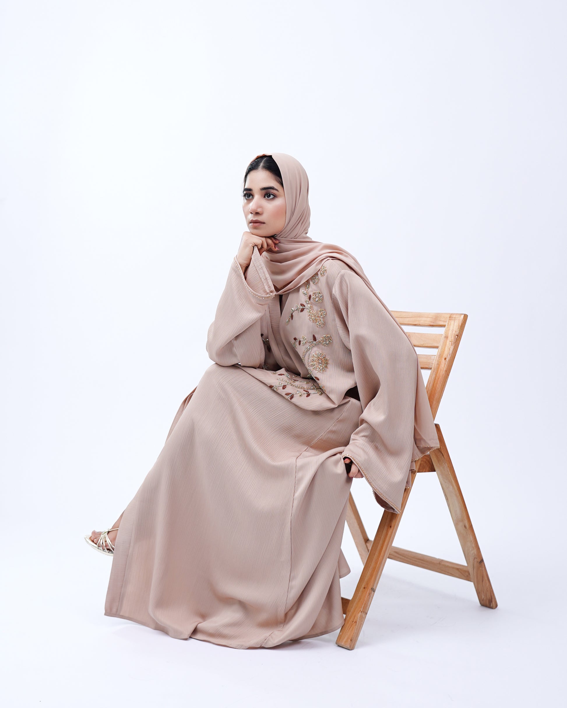 Front Open Hand Work Abaya 0116-J-006 Beige