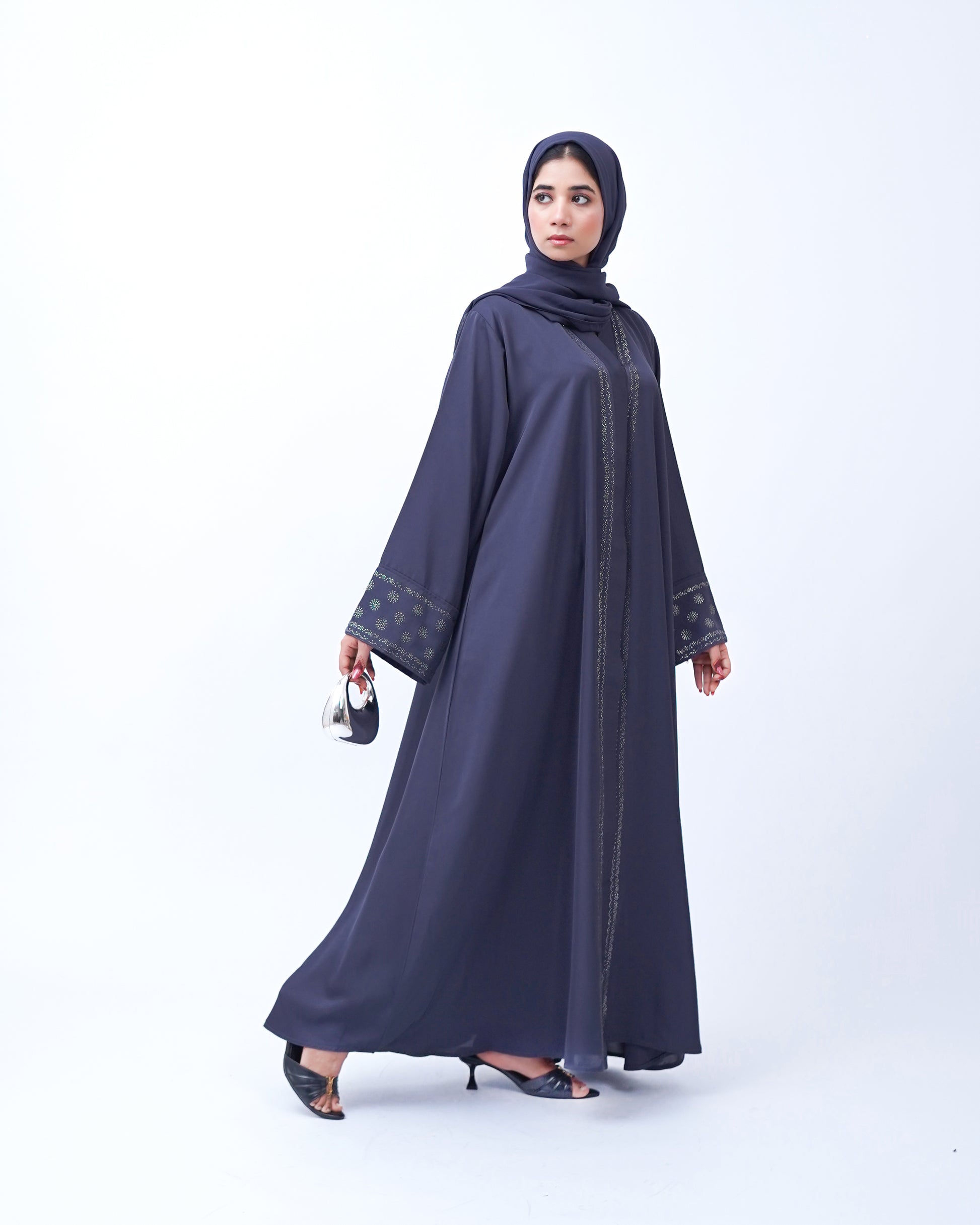 Front open stone abaya 0116-C-457 Grey