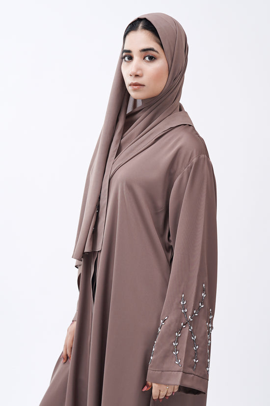 Front Open Hand Work Abaya 0116-J-005 Metallic Brown