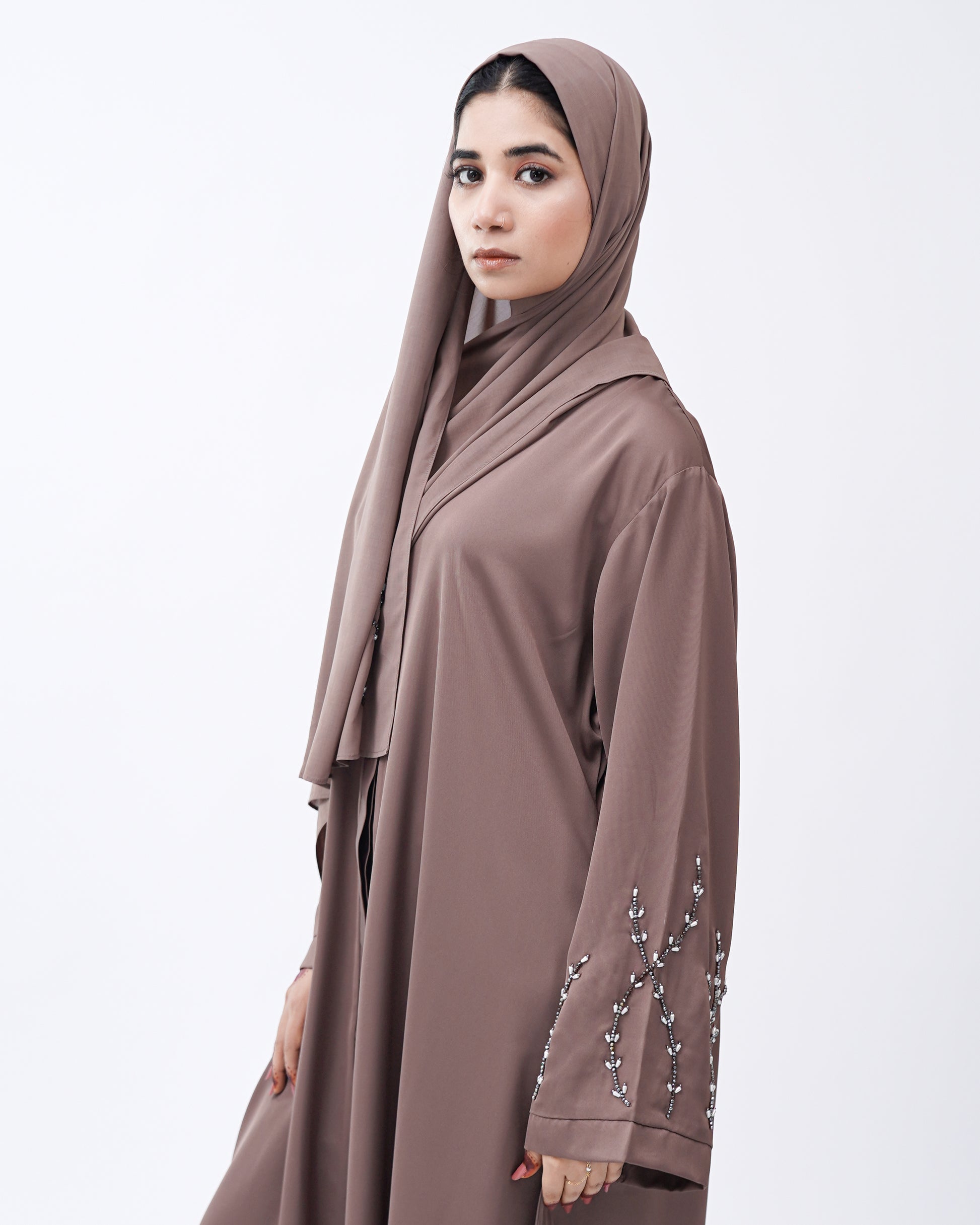 Front Open Hand Work Abaya 0116-J-005 Metallic Brown