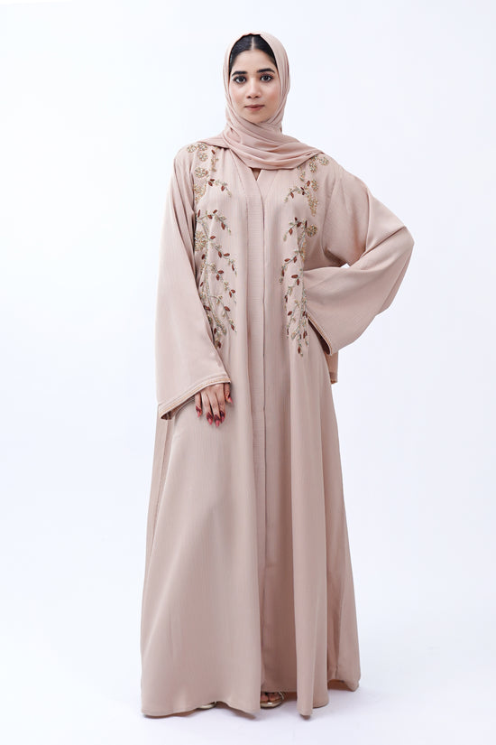 Front Open Hand Work Abaya 0116-J-006 Beige