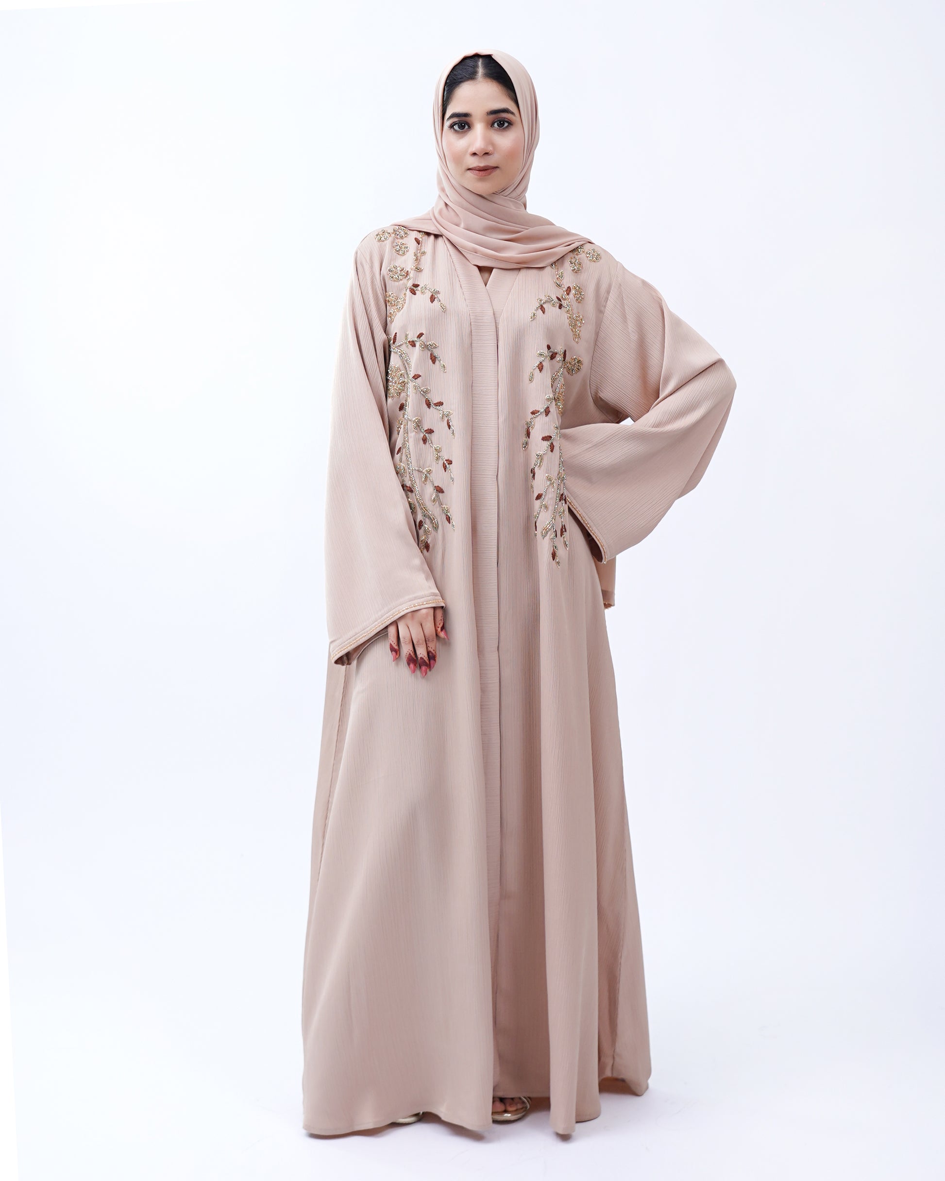 Front Open Hand Work Abaya 0116-J-006 Beige