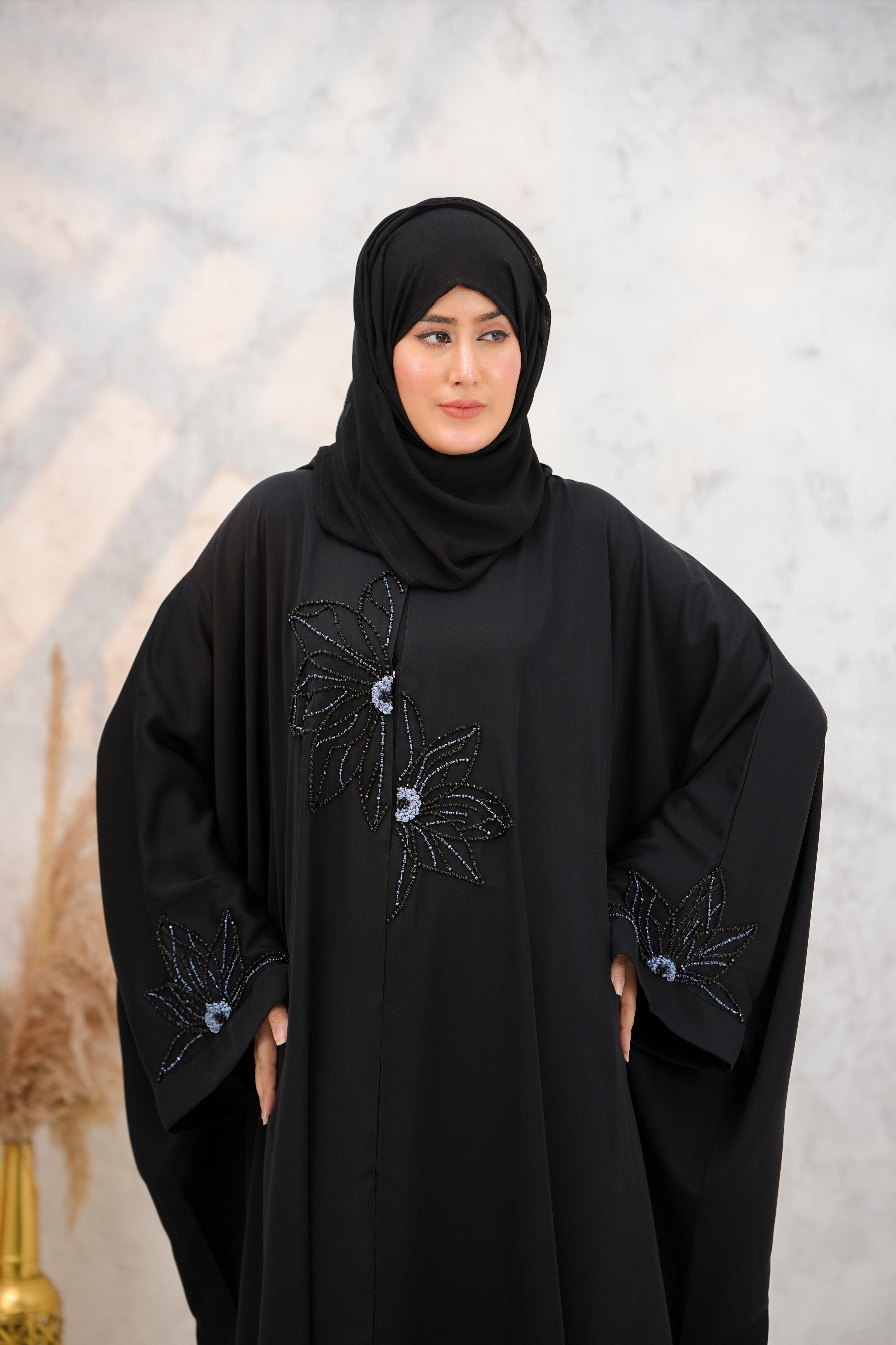 Front Open Hand Work Jilbab-J-002 -Black-