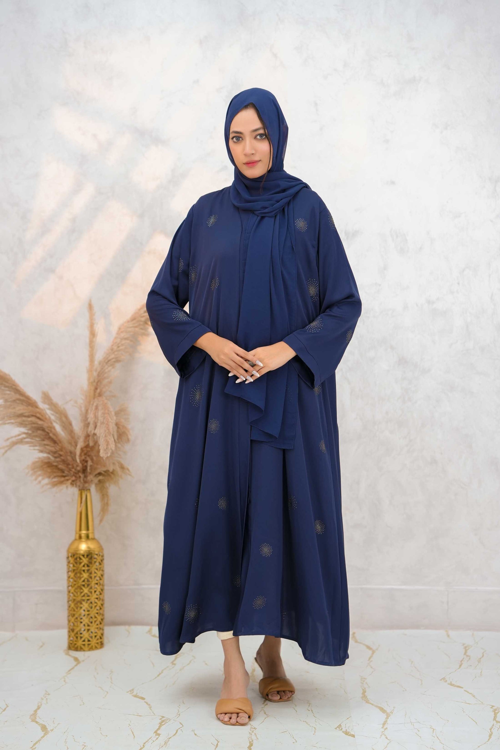Front open stone abaya 0116-C-1022 Blue