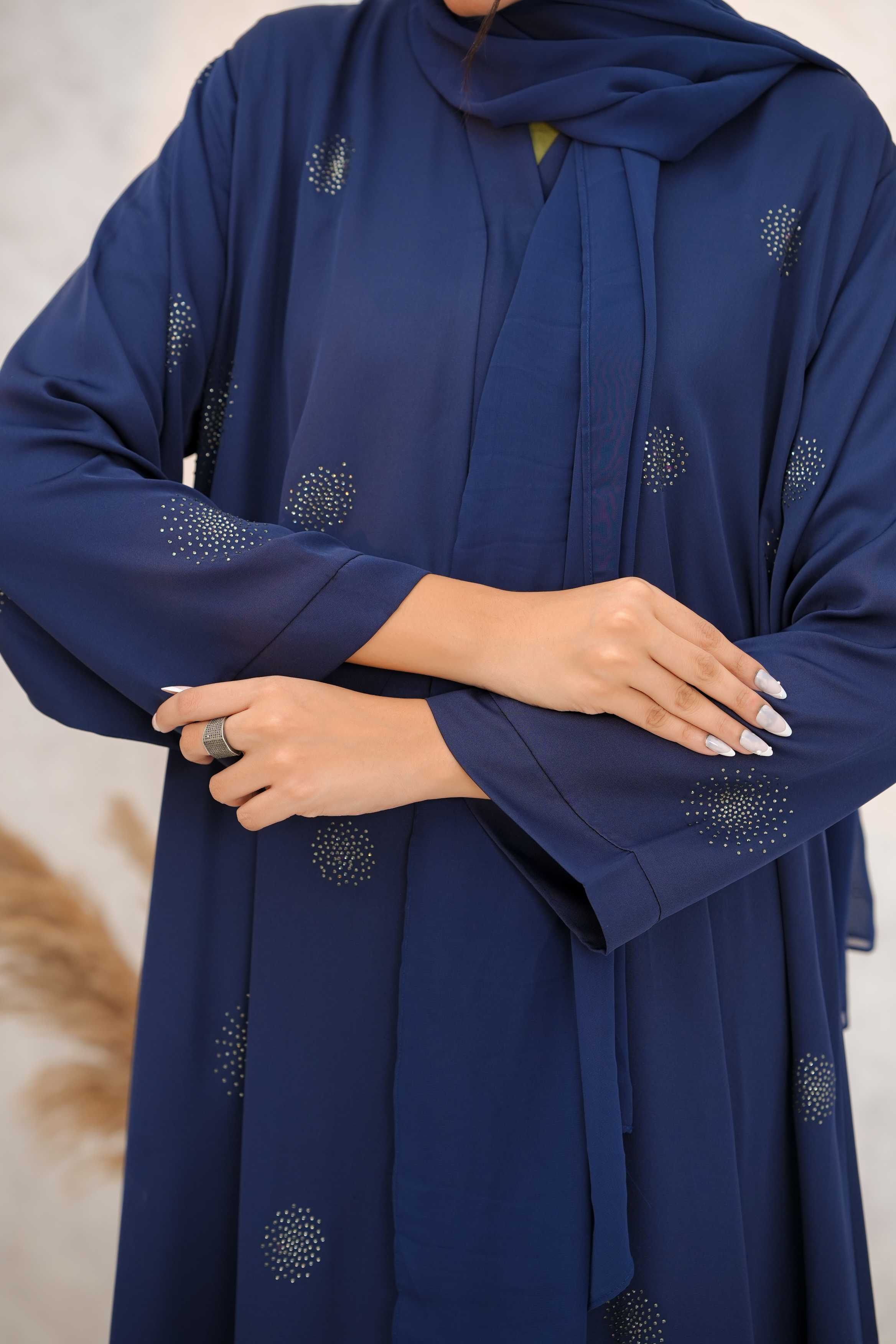 Front open stone abaya 0116-C-1022 Blue