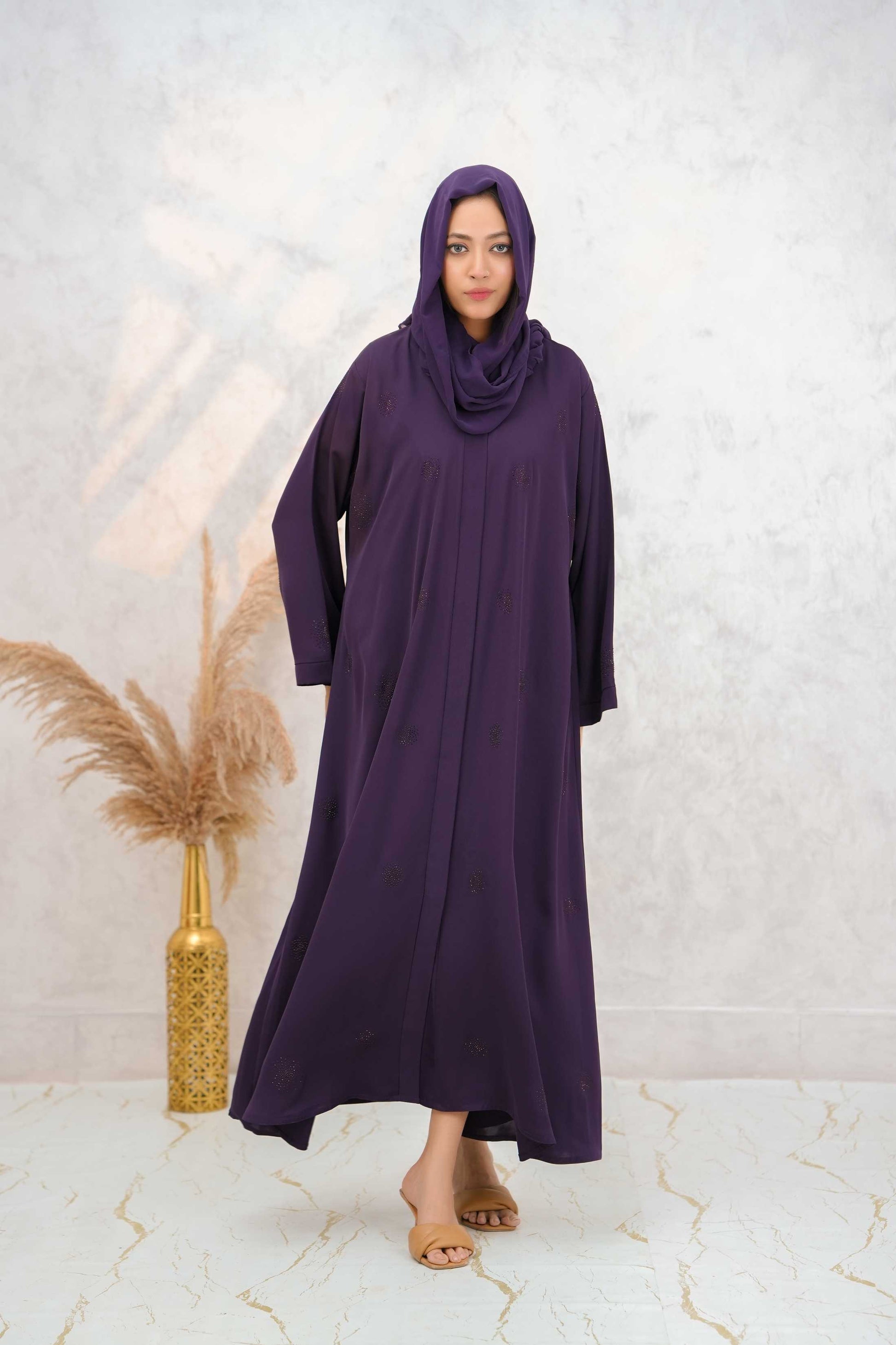 Front open stone abaya 0116-C-1022 Purple