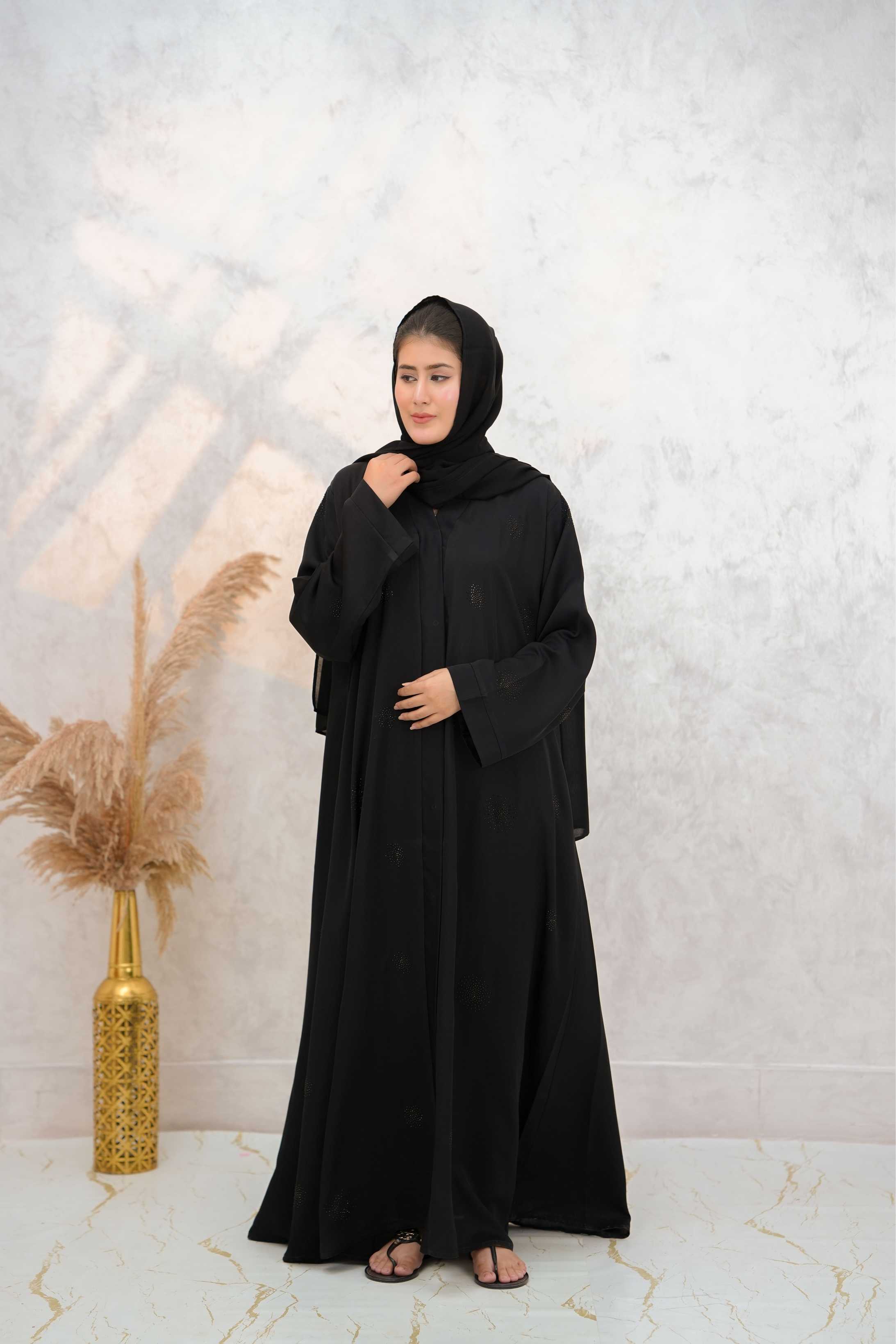Front open stone abaya 0116-C-1022 Black