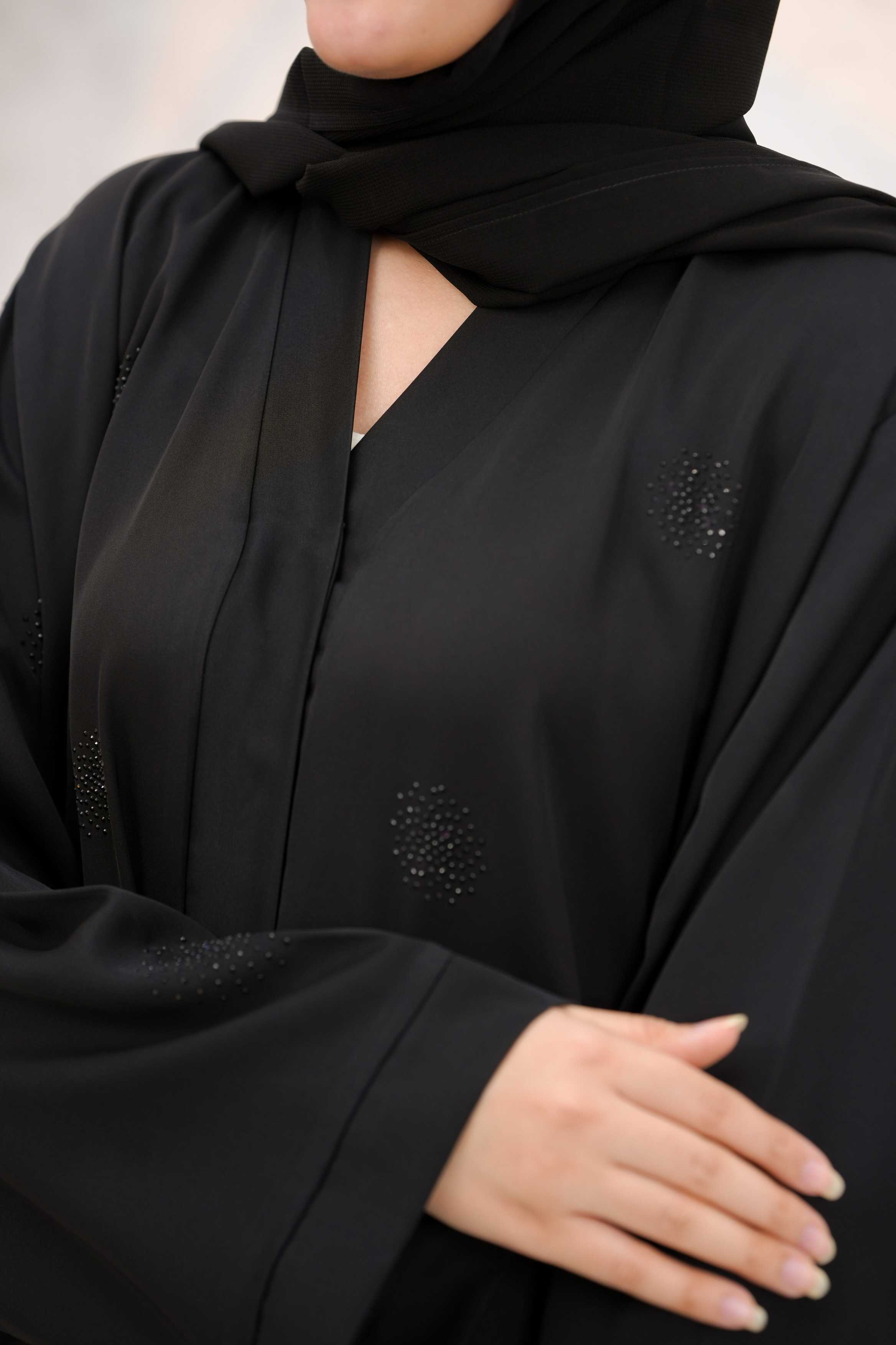 Front open stone abaya 0116-C-1022 Black