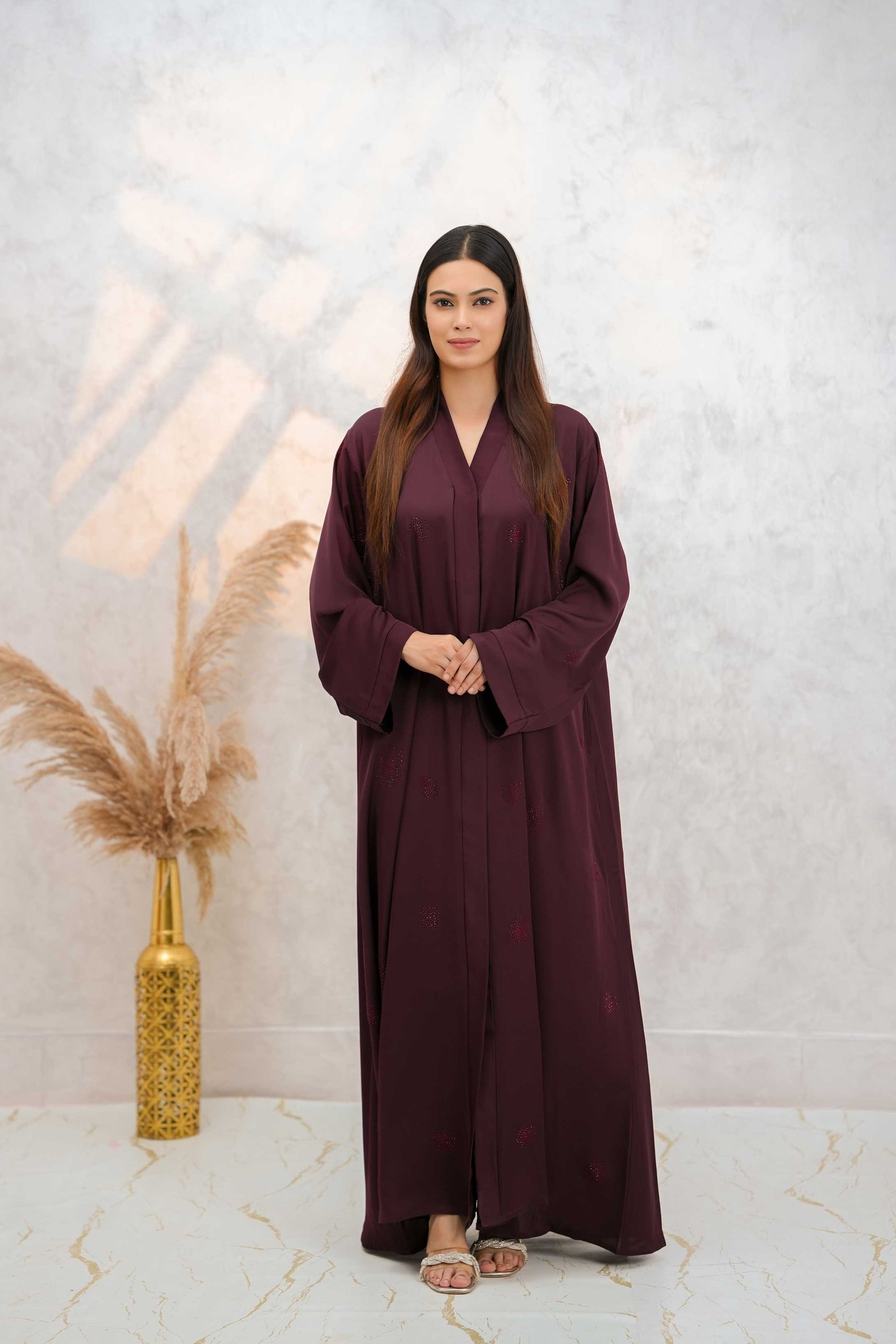 Front open stone abaya 0116-C-1022 Maroon