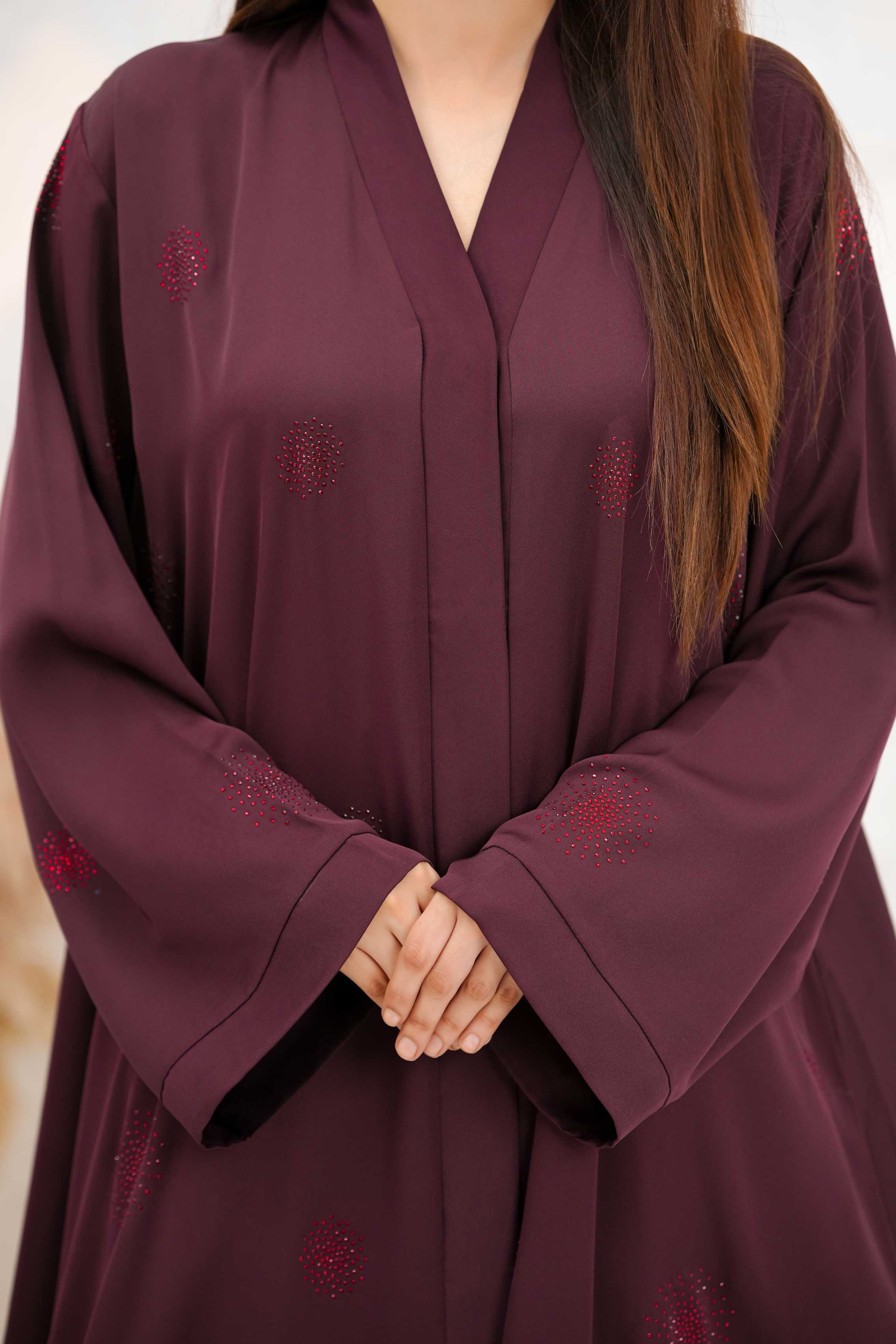 Front open stone abaya 0116-C-1022 Maroon